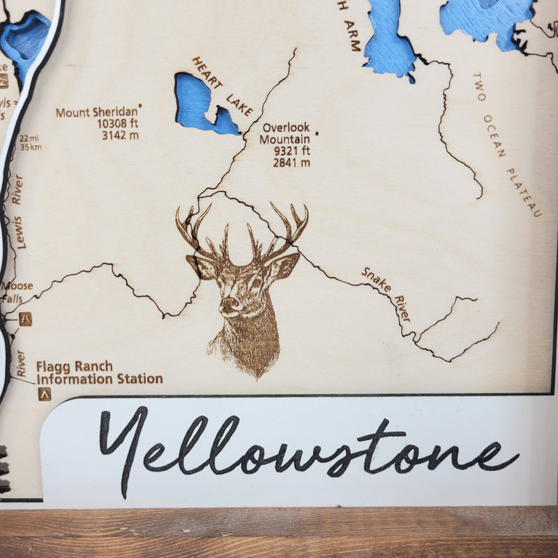 Yellowstone National Park close up of   trail names and wildlife details, with title and lake names
