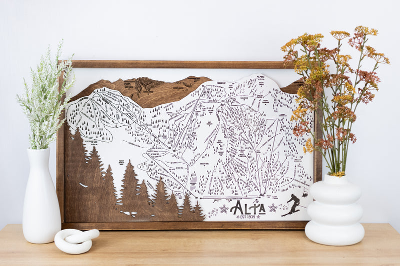 Alta Ski Resort Map Sign | Laser Engraved & Framed Wall Art