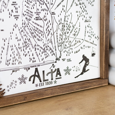 Alta Ski Resort Map Sign | Laser Engraved & Framed Wall Art
