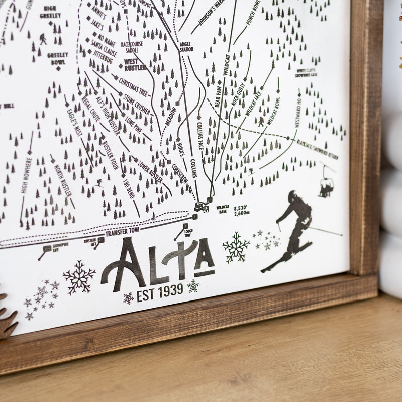 Alta Ski Resort Map Sign | Laser Engraved & Framed Wall Art
