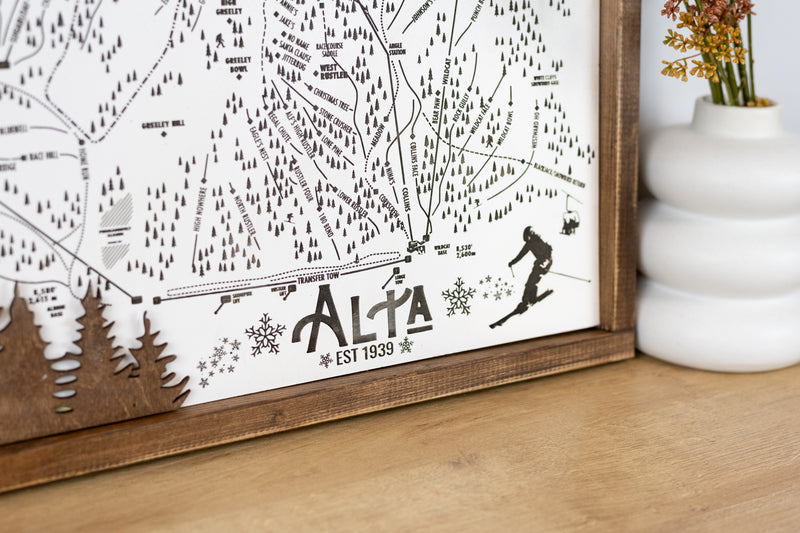 Alta Ski Resort Map Sign | Laser Engraved & Framed Wall Art