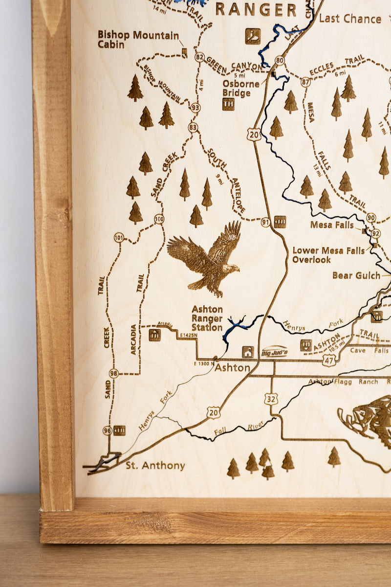 Ashton to Island Park Topo Map Sign | Laser Engraved & Framed Wall Art