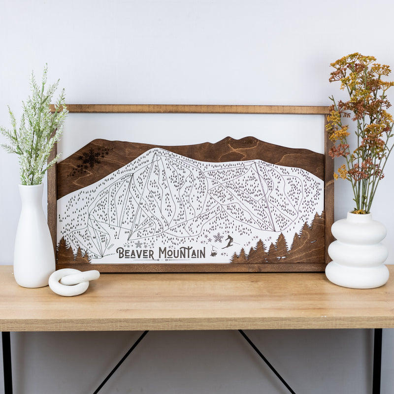 Beaver Mountain Ski Resort Map Sign | Laser Engraved & Framed Wall Art