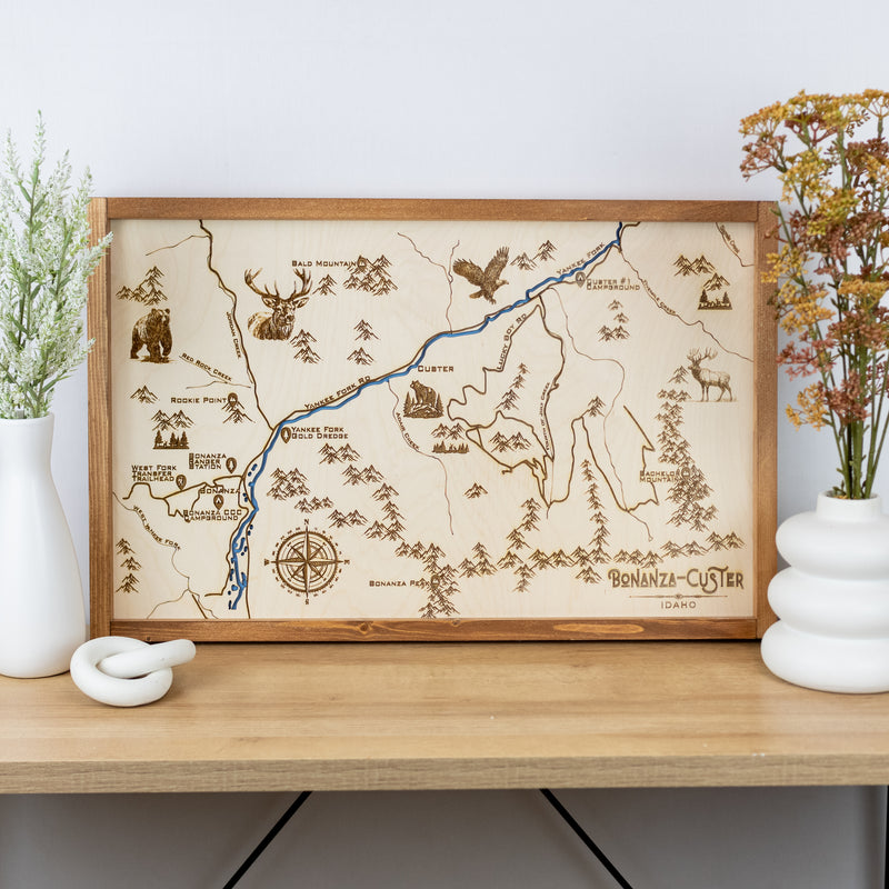 Bonanza - Custer Topo Map Sign | Laser Engraved & Framed Wall Art