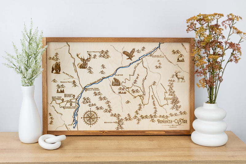 Bonanza - Custer Topo Map Sign | Laser Engraved & Framed Wall Art