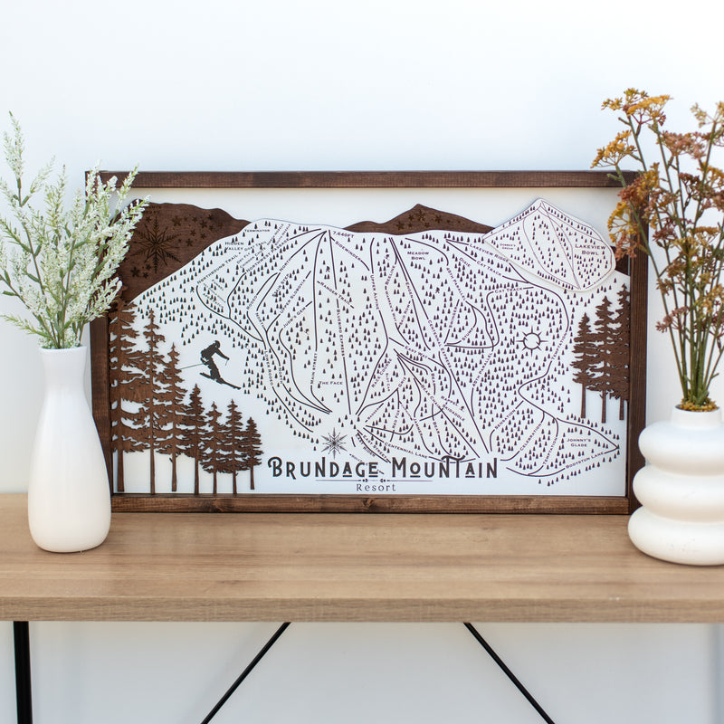 Brundage Mountain Ski Resort Map Sign | Laser Engraved & Framed Wall Art