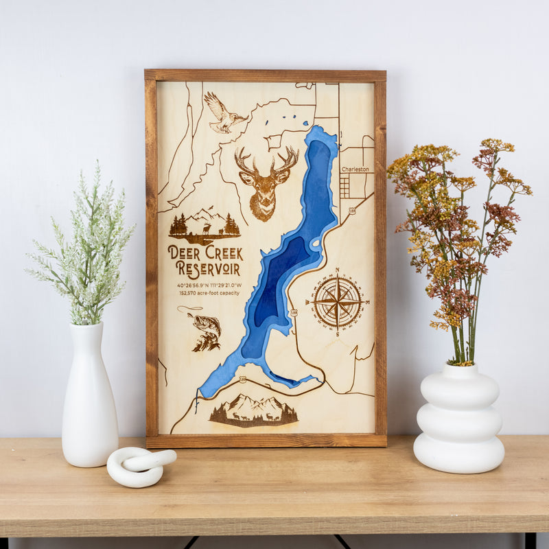 Deer Creek Reservoir Topo Map Sign | Laser Engraved & Framed Wall Art