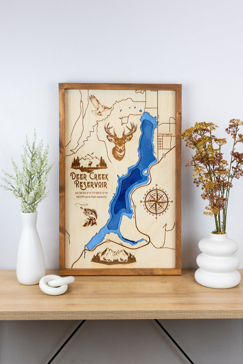 Deer Creek Reservoir Topo Map Sign | Laser Engraved & Framed Wall Art