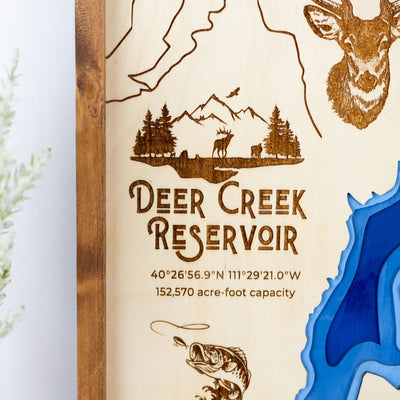 Deer Creek Reservoir Topo Map Sign | Laser Engraved & Framed Wall Art