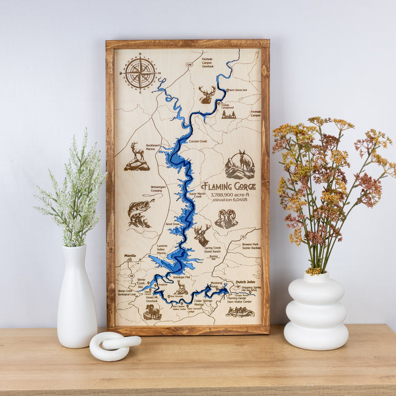 Flaming Gorge Topo Map Sign | Laser Engraved & Framed Wall Art