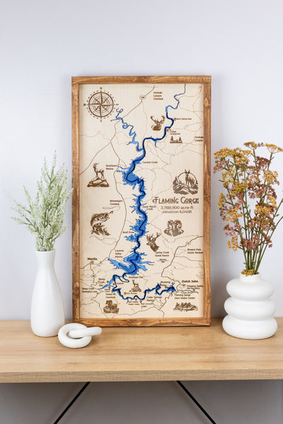 Flaming Gorge Topo Map Sign | Laser Engraved & Framed Wall Art
