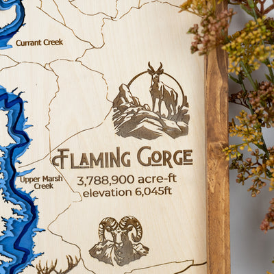 Flaming Gorge Topo Map Sign | Laser Engraved & Framed Wall Art