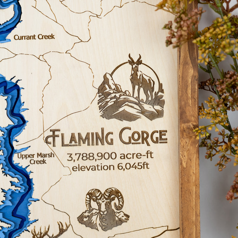 Flaming Gorge Topo Map Sign | Laser Engraved & Framed Wall Art