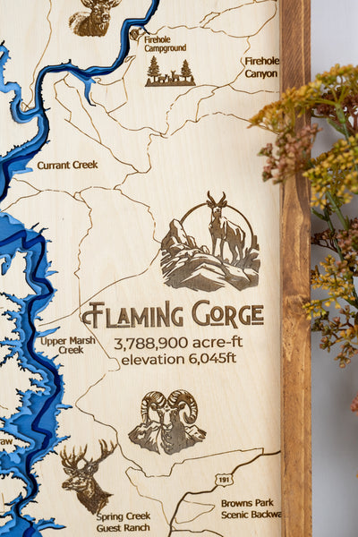 Flaming Gorge Topo Map Sign | Laser Engraved & Framed Wall Art