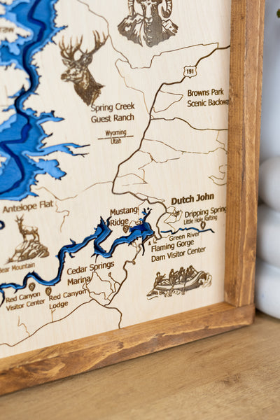 Flaming Gorge Topo Map Sign | Laser Engraved & Framed Wall Art