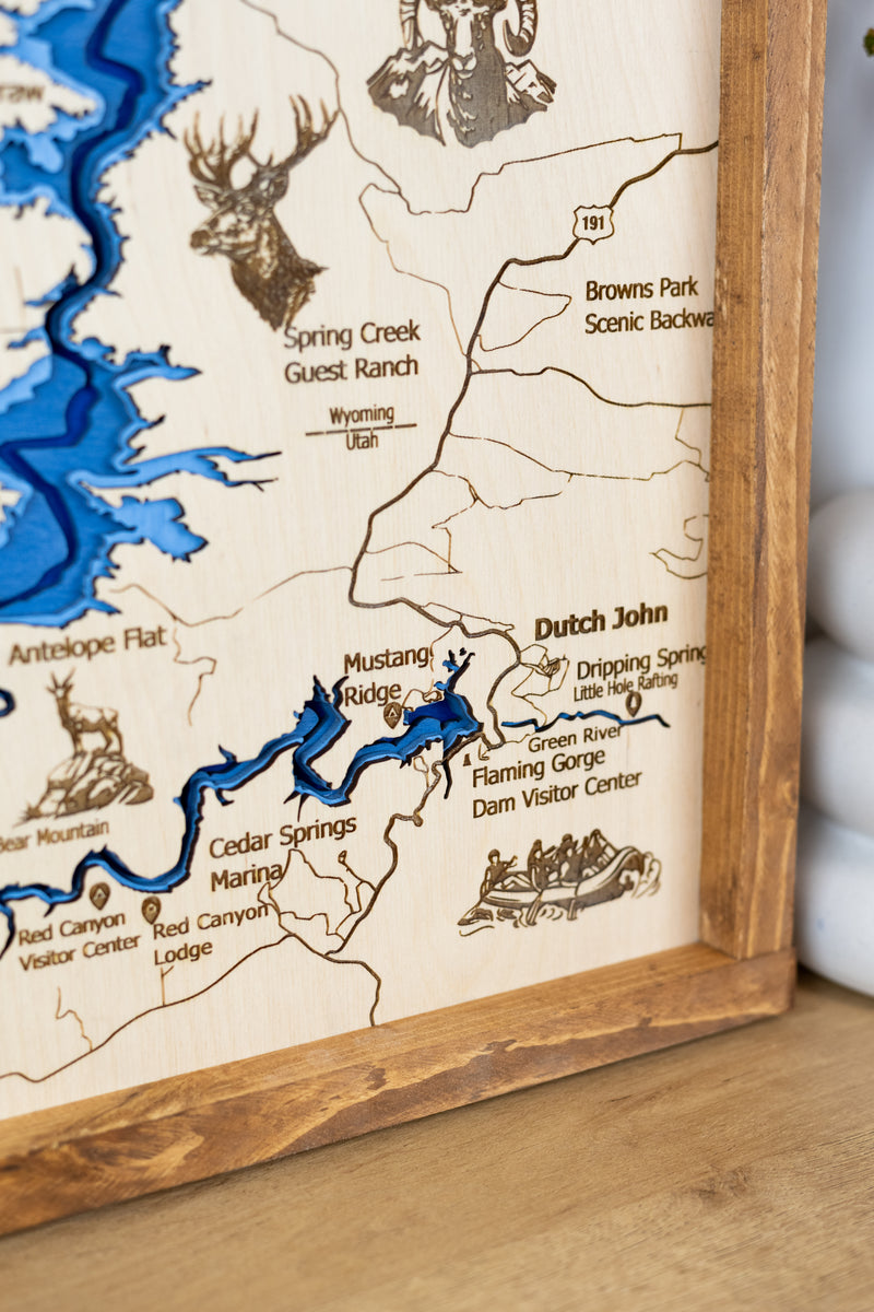 Flaming Gorge Topo Map Sign | Laser Engraved & Framed Wall Art