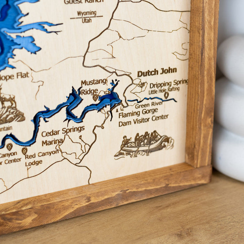 Flaming Gorge Topo Map Sign | Laser Engraved & Framed Wall Art