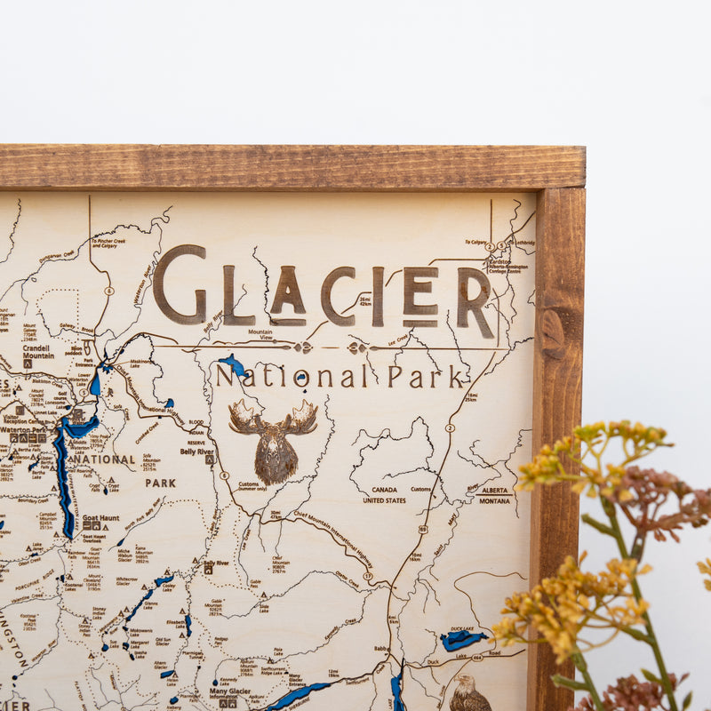 Glacier National Park Topo Map Sign | Laser Engraved & Framed Wall Art