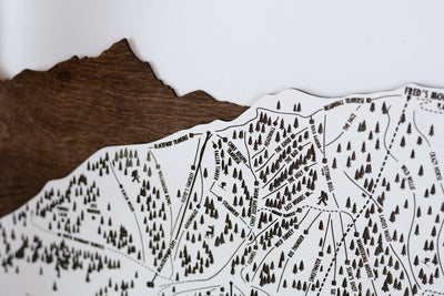 close up of Wooden ski map of Grand Targhee with engraved trails and trail names, including mountain peaks