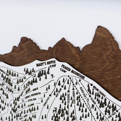 close up of Wooden ski map of Grand Targhee with engraved trails and trail names, mountain peaks
