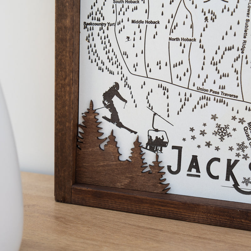 Jackson Hole Ski Resort Map Sign | Laser Engraved & Framed Wall Art