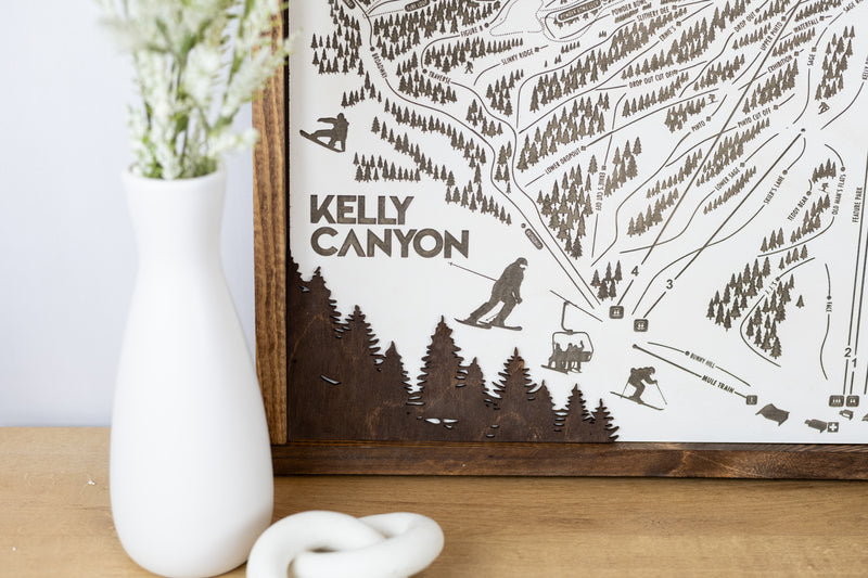 Kelly Canyon Ski Resort Map Sign | Laser Engraved & Framed Wall Art