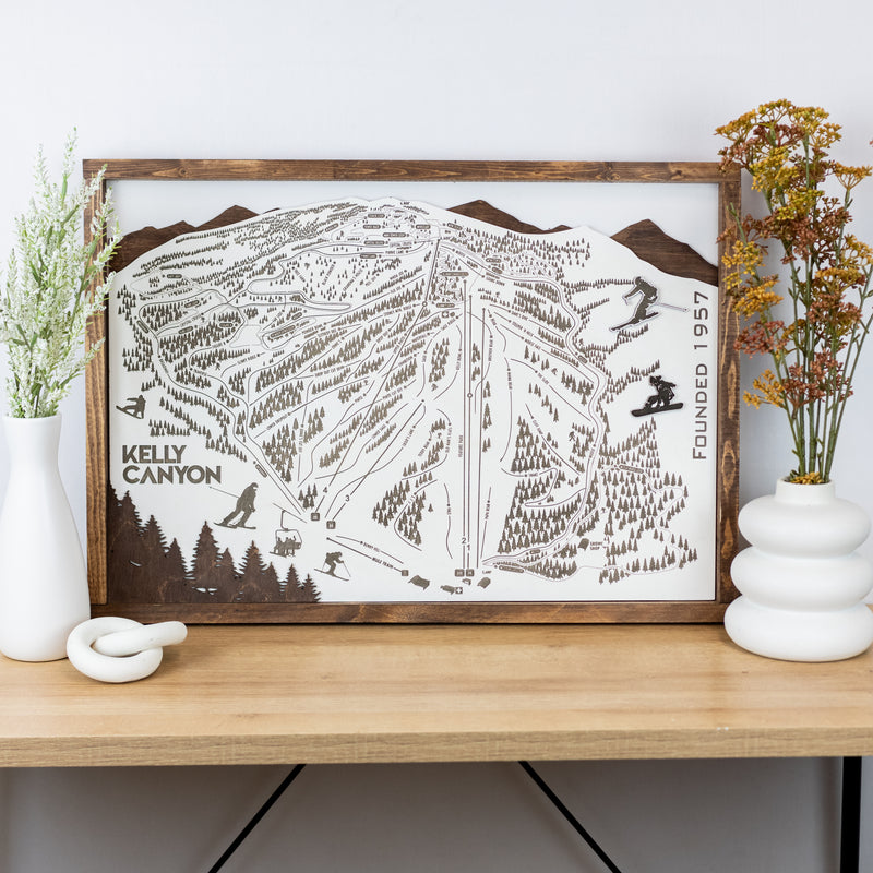 Kelly Canyon Ski Resort Map Sign | Laser Engraved & Framed Wall Art