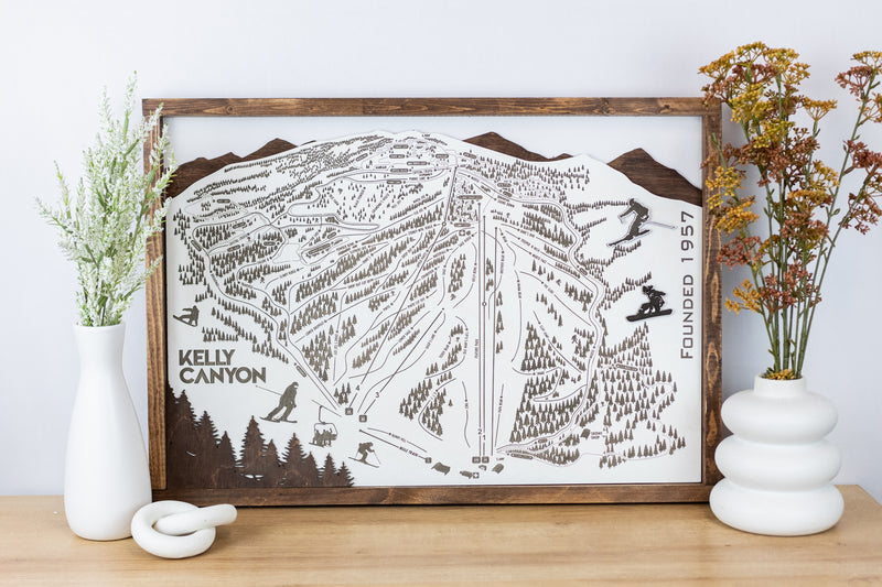 Kelly Canyon Ski Resort Map Sign | Laser Engraved & Framed Wall Art