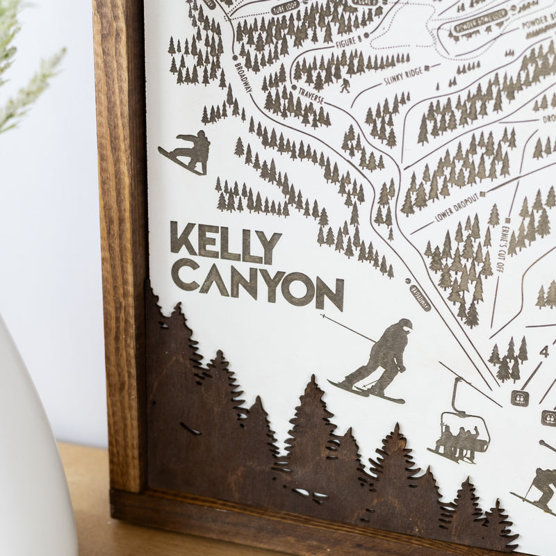 Kelly Canyon Ski Resort Map Sign | Laser Engraved & Framed Wall Art