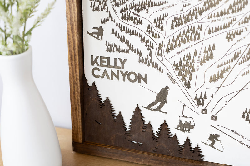 Kelly Canyon Ski Resort Map Sign | Laser Engraved & Framed Wall Art