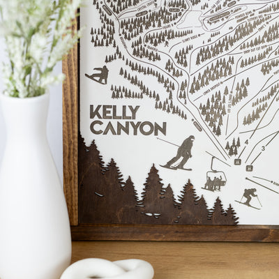 Kelly Canyon Ski Resort Map Sign | Laser Engraved & Framed Wall Art