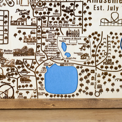 Lagoon Amusement Park Topo Map Sign | Laser Engraved & Framed Wall Art