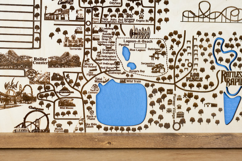 Lagoon Amusement Park Topo Map Sign | Laser Engraved & Framed Wall Art