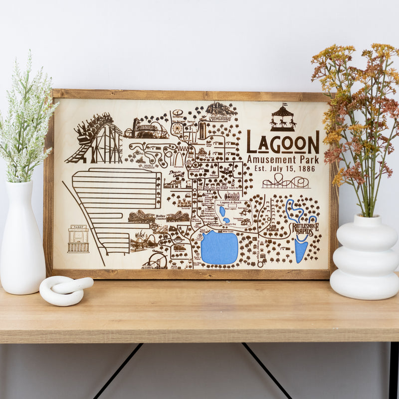Lagoon Amusement Park Topo Map Sign | Laser Engraved & Framed Wall Art