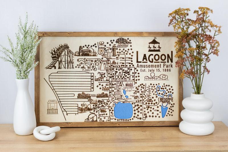 Lagoon Amusement Park Topo Map Sign | Laser Engraved & Framed Wall Art