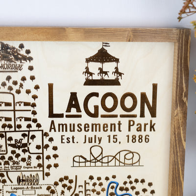 Lagoon Amusement Park Topo Map Sign | Laser Engraved & Framed Wall Art