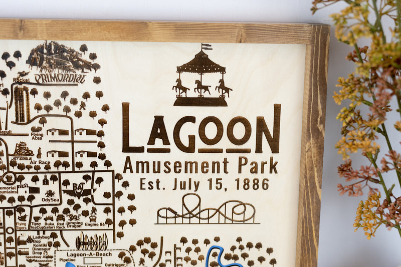 Lagoon Amusement Park Topo Map Sign | Laser Engraved & Framed Wall Art