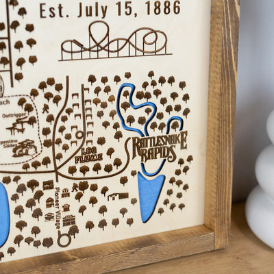 Lagoon Amusement Park Topo Map Sign | Laser Engraved & Framed Wall Art