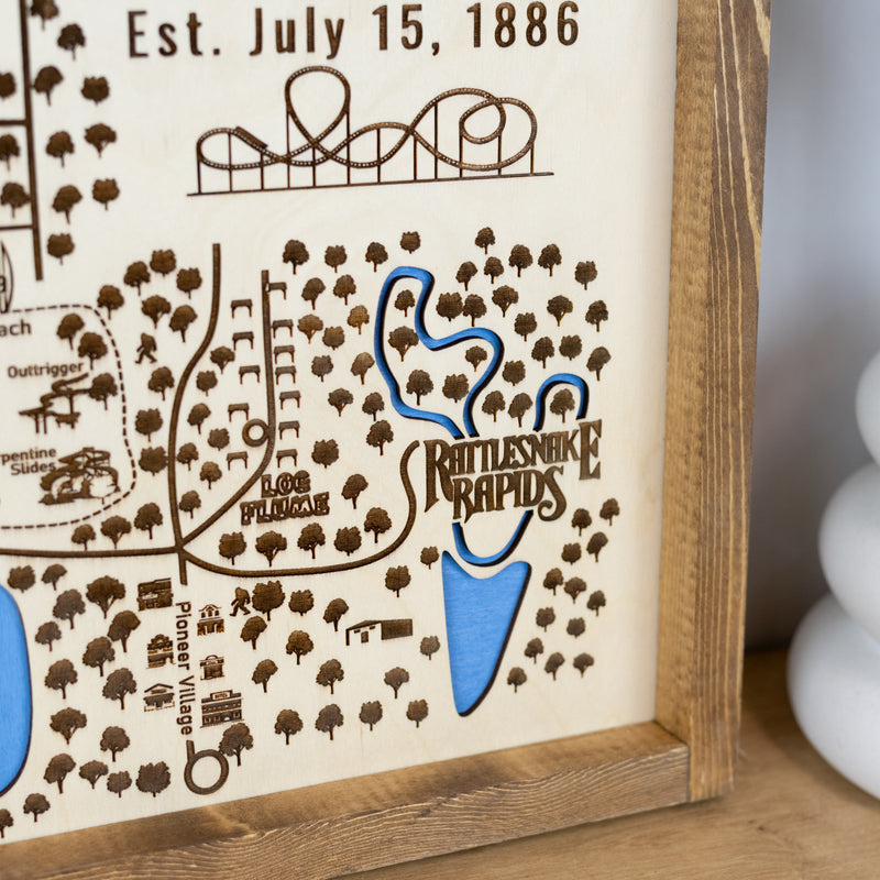 Lagoon Amusement Park Topo Map Sign | Laser Engraved & Framed Wall Art