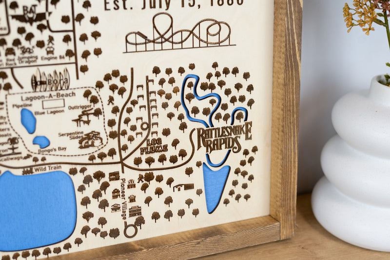 Lagoon Amusement Park Topo Map Sign | Laser Engraved & Framed Wall Art