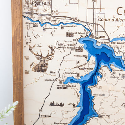 Lake Coeur D'Alene Topo Map Sign | Laser Engraved & Framed Wall Art