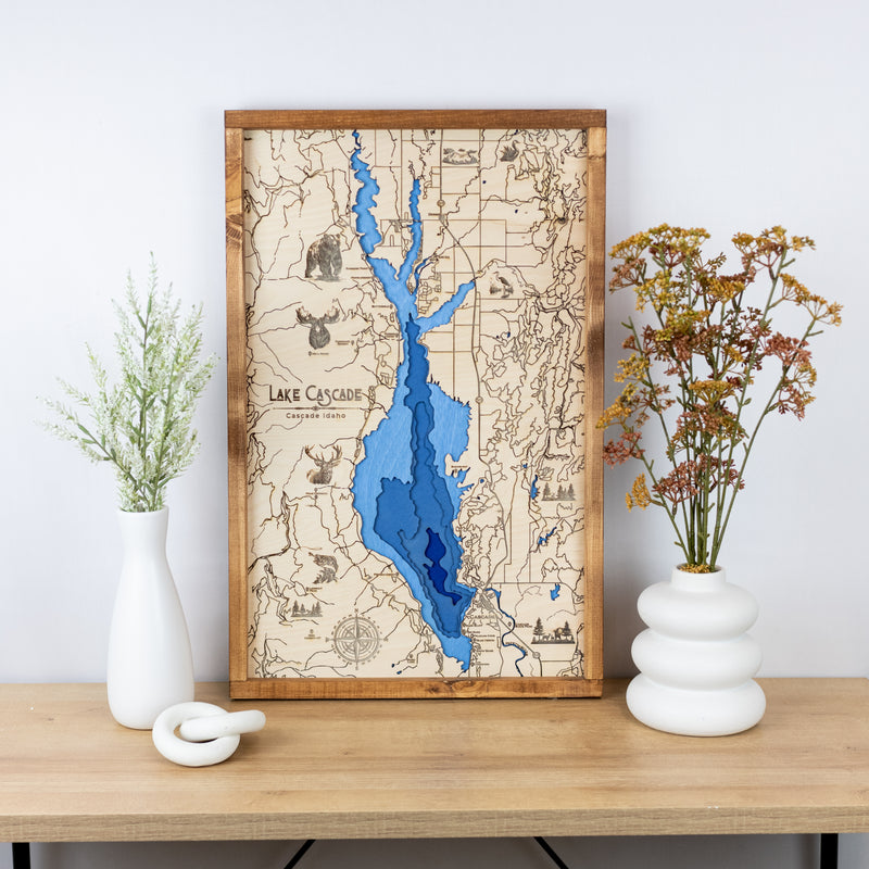 Lake Cascade Topo Map Sign | Laser Engraved & Framed Wall Art