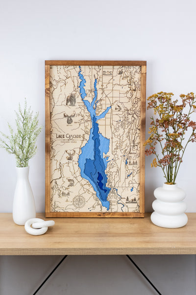 Lake Cascade Topo Map Sign | Laser Engraved & Framed Wall Art