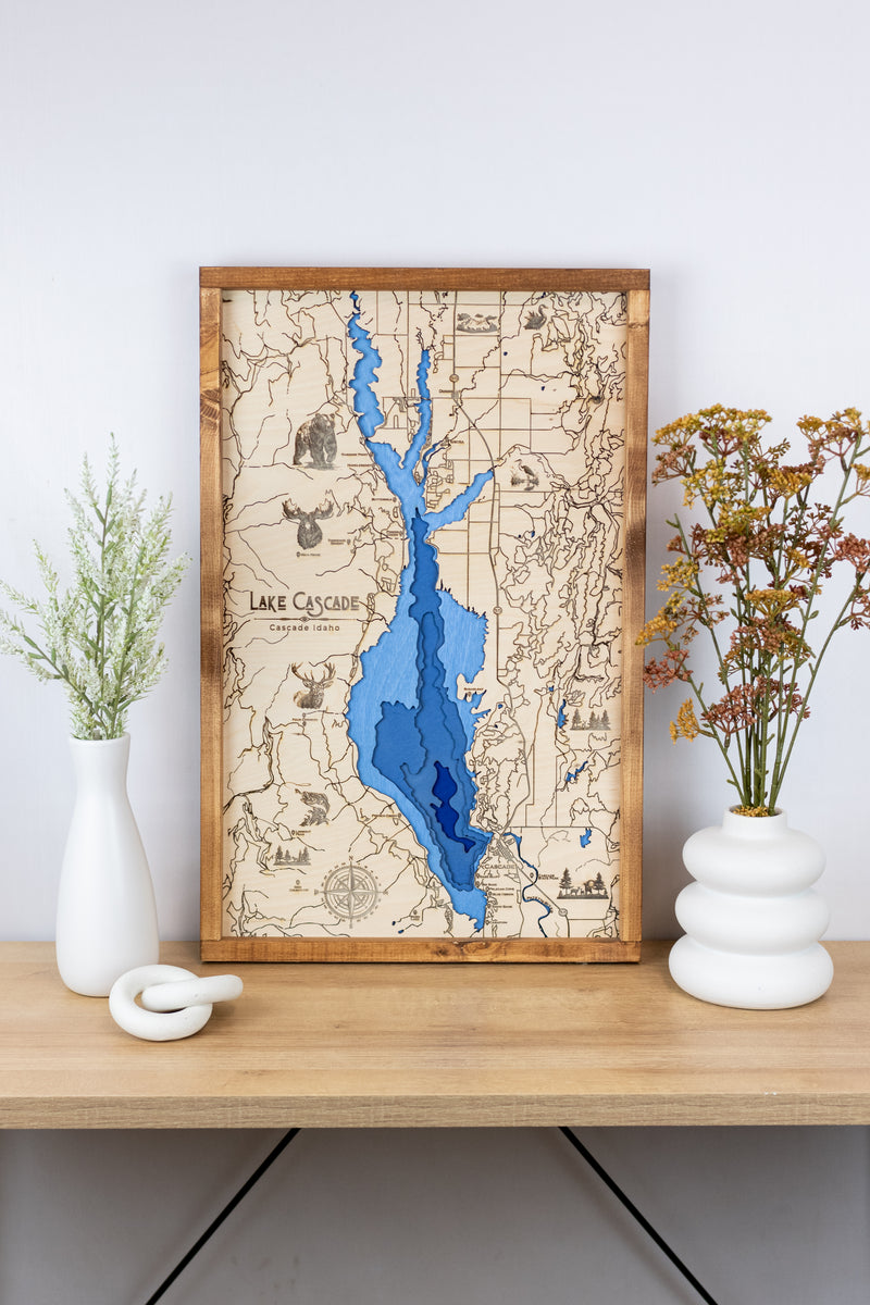 Lake Cascade Topo Map Sign | Laser Engraved & Framed Wall Art