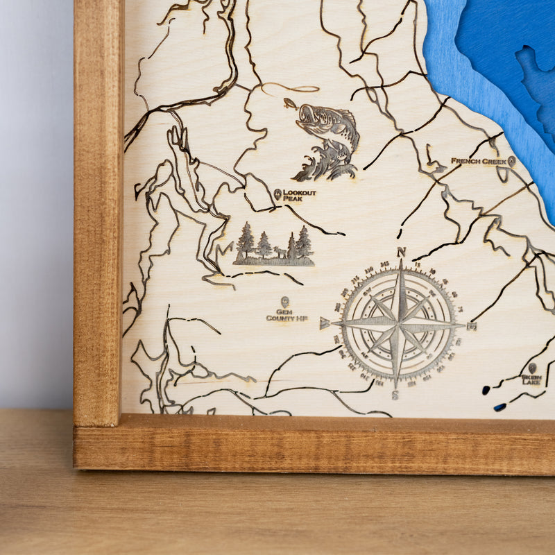 Lake Cascade Topo Map Sign | Laser Engraved & Framed Wall Art