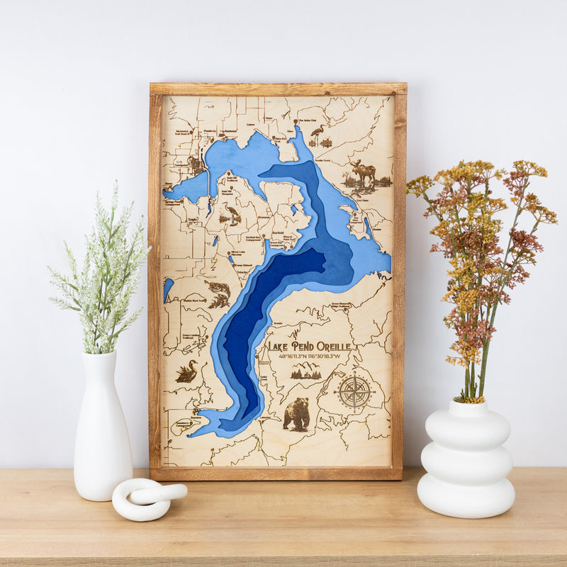 Lake Pend Oreille Topo Map | Laser Engraved & Framed Wall Art