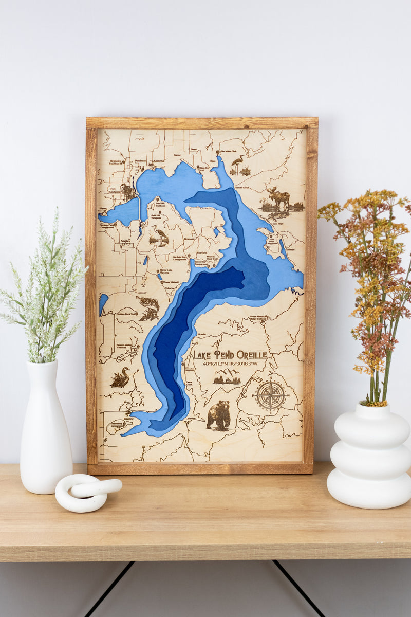 Lake Pend Oreille Topo Map | Laser Engraved & Framed Wall Art