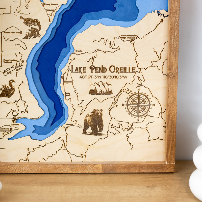 Lake Pend Oreille Topo Map | Laser Engraved & Framed Wall Art