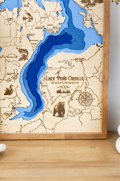 Lake Pend Oreille Topo Map | Laser Engraved & Framed Wall Art