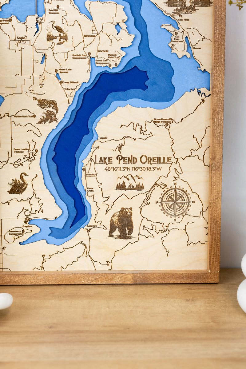 Lake Pend Oreille Topo Map | Laser Engraved & Framed Wall Art